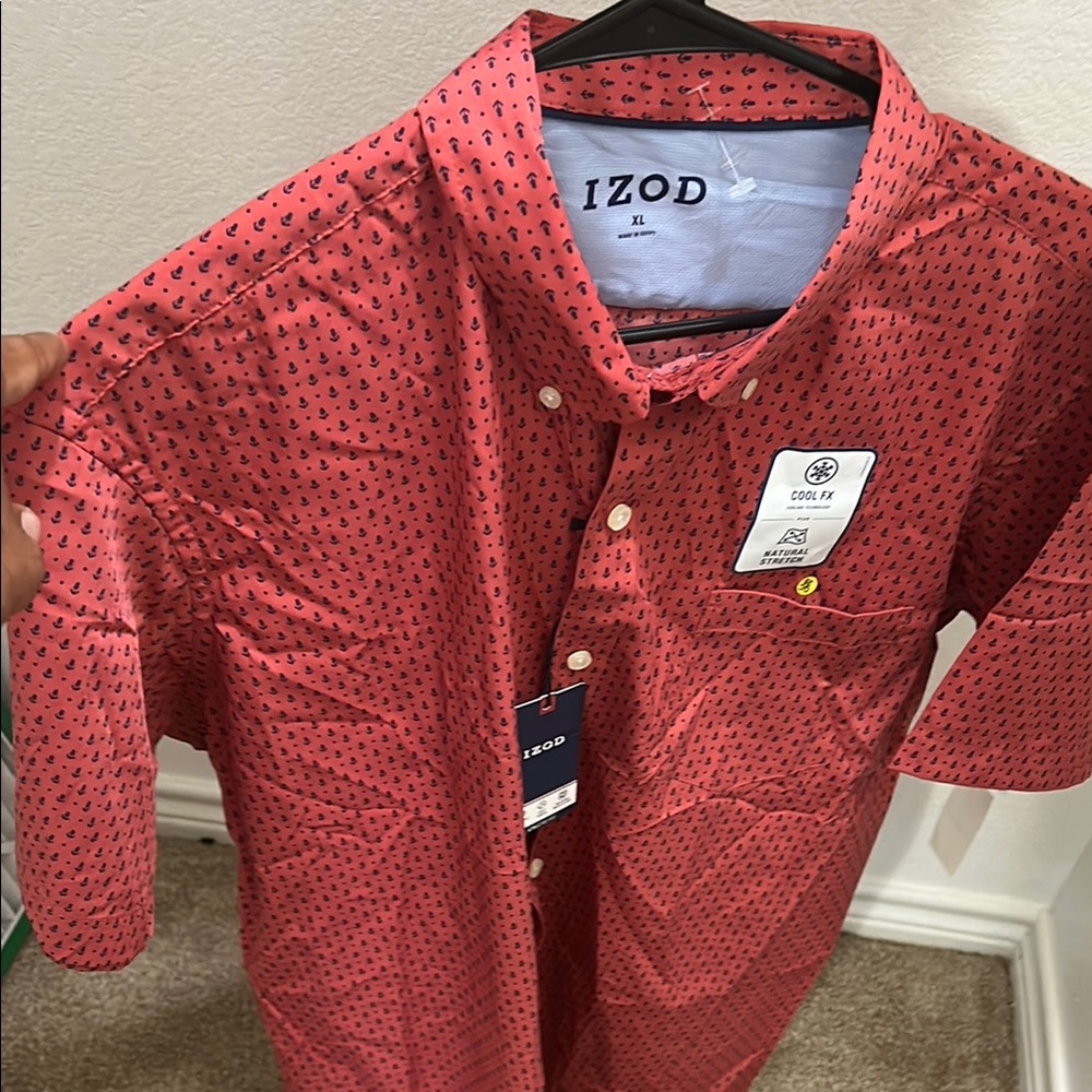 Izod Red Casual Button Down Shirt with Geometric Pattern